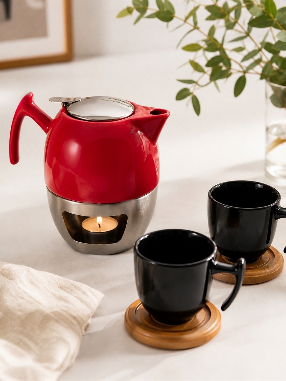 Minimalist Red Teapot Set with Warmer & Cups | Cozy Aesthetic Tea Ritual Set